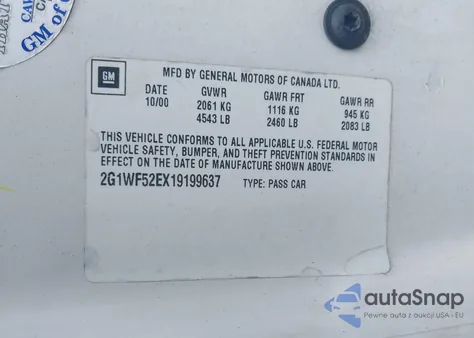 2001 Chevrolet Impala from USA, damaged, VIN 2G1WF52EX19199637